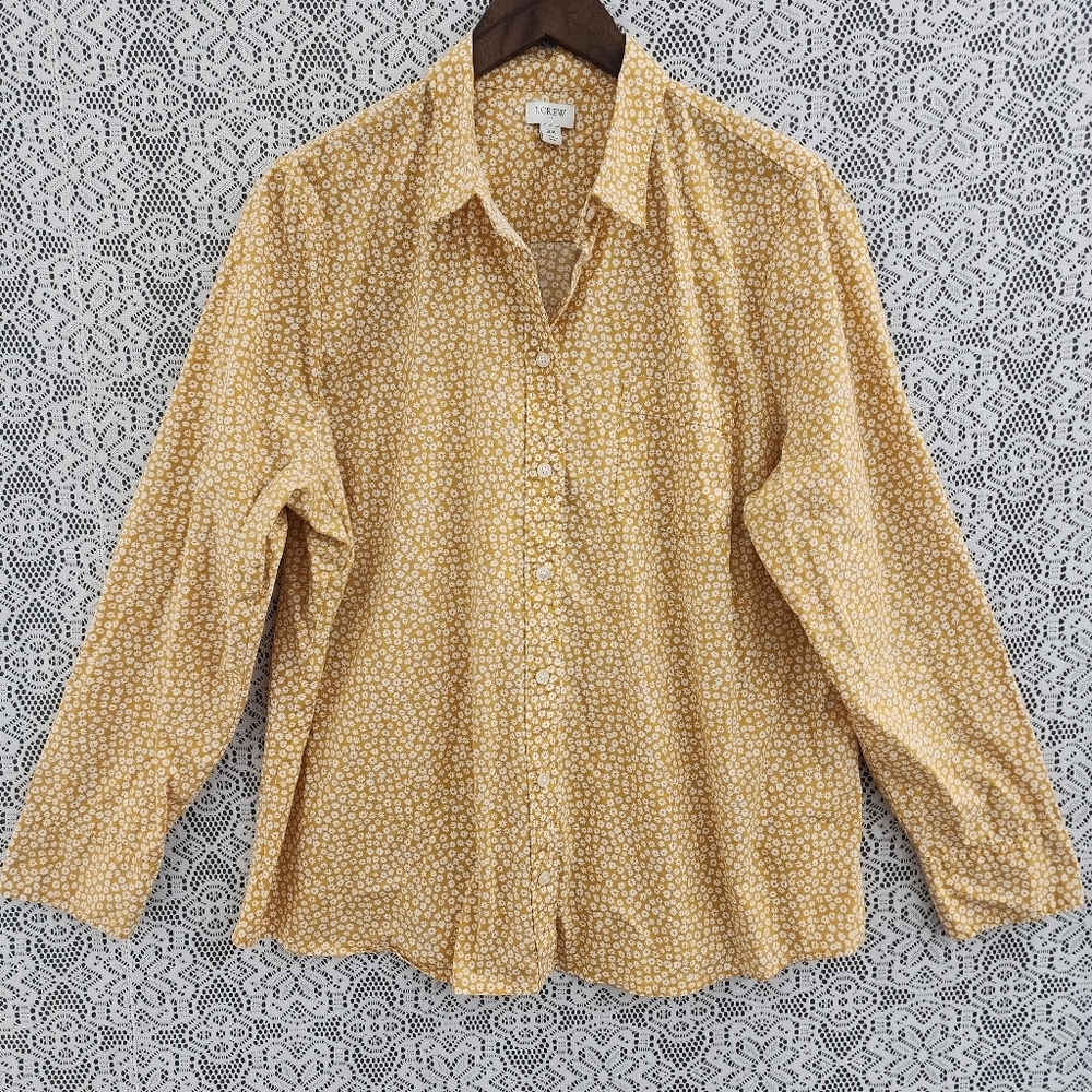 J. Crew Floral Printed Button Down Long sleeve Women's Shirt 2X Yellow